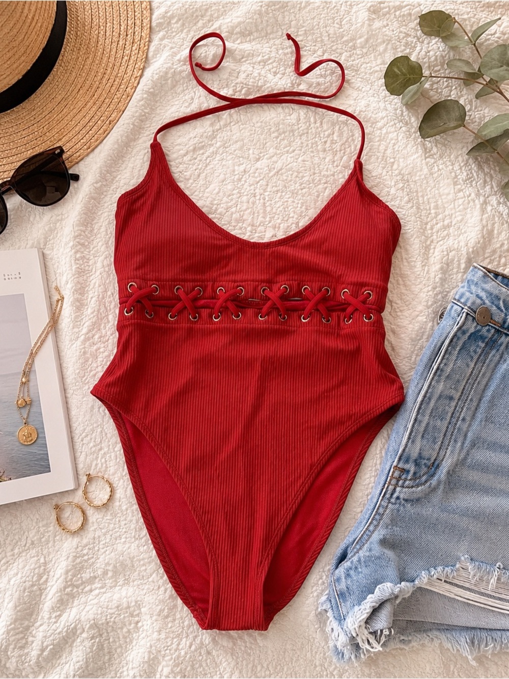 Red Ribbed Lace-Up One Piece Swimsuit ❤️